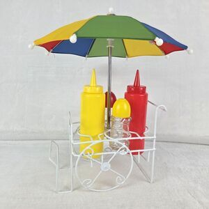 Vintage Condiment Cart w/ Umbrella Ketchup Mustard Shakers Taiwan Complete